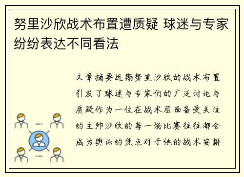 努里沙欣战术布置遭质疑 球迷与专家纷纷表达不同看法